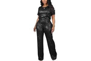 LROSEY Women's Two-Piece Sequin-Embellished Set with Short Sleeve Top and Straight Pants
