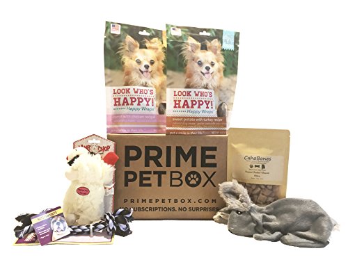 Prime Pet Box Small Dog Gift Box Care Package - Made in the USA Premium Treats, Rabbit, Lamb-chop, and Rope Toy