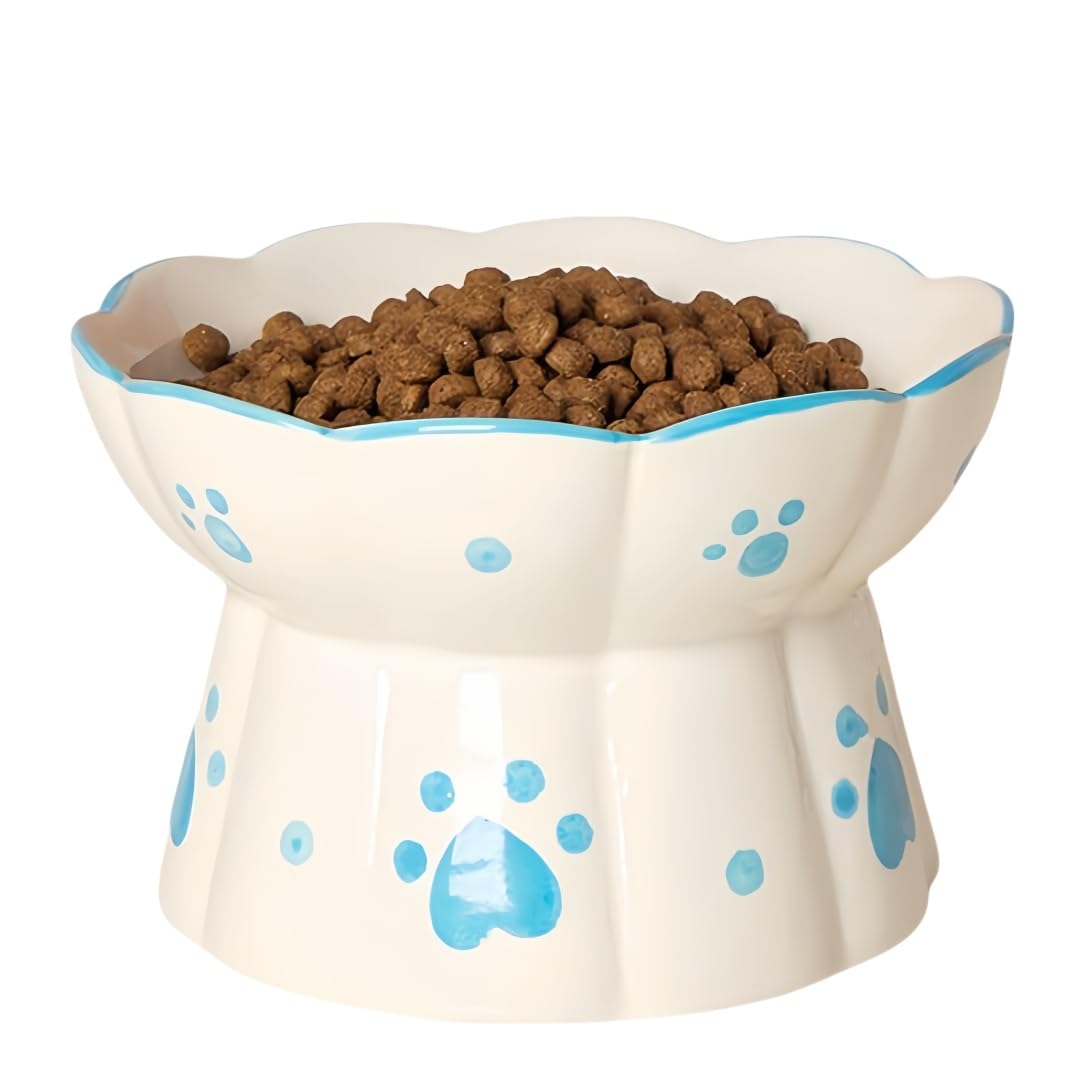 MEETOZ Ceramic Cat Feeder, Elevated Cat Feeding Bowls with Stand Flat mouth Water Bowls, Neck Protective Bowls for Pets Raised Cats Feeder, Stress Free for Cats and Small Dogs