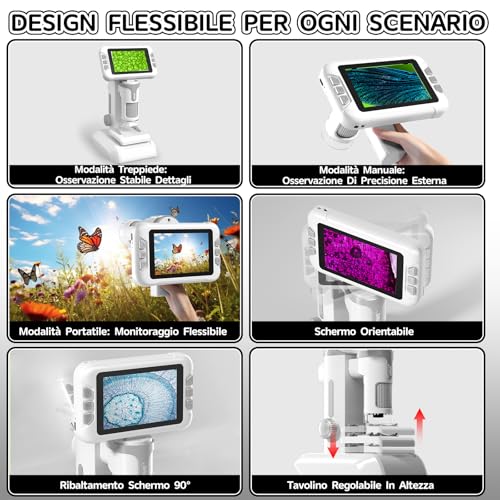 Charmofun Children's Microscope, Digital Microscope with 64GB Memory Card, Portable Microscopios for Children with 4 Inch LCD Screen, 1600X Magnification, Photo and Video, Portable and Fixed Function