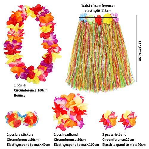 Hula Skirt Hawaiian Grass Skirts with Flower Leis Costume Set Luau Grass and Hawaiian Flower Bracelets, Bra, Headband, Necklace