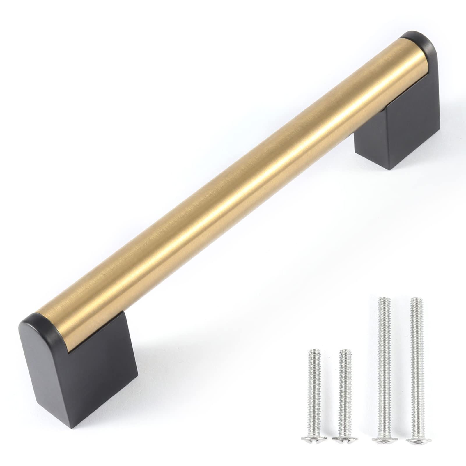 FULGENTE 128 mm Furniture Door Stick Handles, 10 Pieces Brushed Brass Drawer Handles, Modern Stainless Steel Hardware for Dresser Wardrobe Bathroom, Matte Black Base Handles