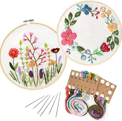 2 Pack Full Range of Embroidery Starter Kit with Pattern, Stamped Embroidery Kit DIY Embroidery Kit for Beginner Including Embroidery Cloth, Embroidery Hoop, Threads, Tools Kit (Floralhoop & Spring)