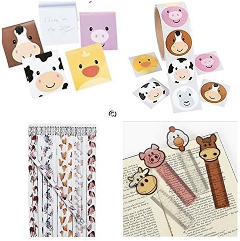 172 Farm Animal Party Favors - 24 Each; Pencils - NOTEPADS - Bookmarks & 100 Stickers Birthday Parties Barnyard Pig Cow Chicken Teacher Classroom Rewards Supplies School