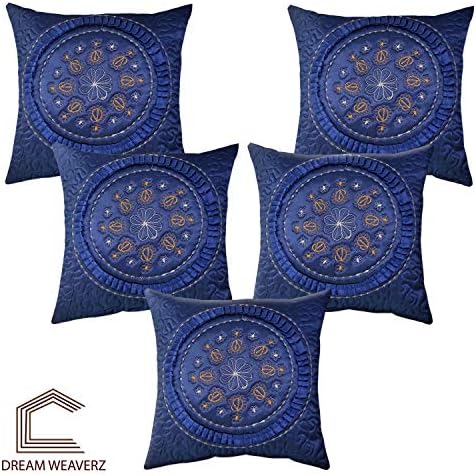 Dream Weaverz Soft Polyester 5 Piece Floral Embroided Square Shape Cushion Cover Set for Sofa/diwan - 16" X 16", Blue