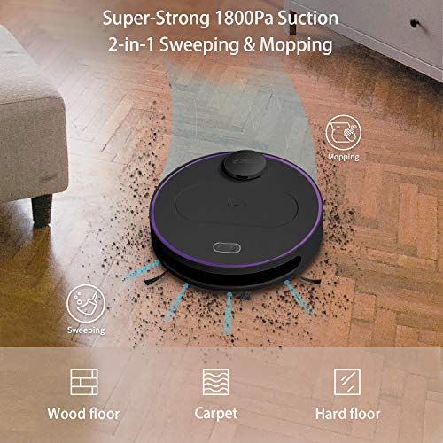 360 Robot Vacuum and Mop Cleaner, Works with Alexa, Intelligent Cleaning with 1800Pa Super Power Suction, Laser Navigating, Multi-Map Management, Up to 110Min for Pet Hair, Carpet and Hard Floor BLACK