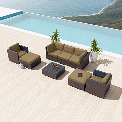 NEW Uduka Bangalore 8 Pcs Outdoor Taupe Sectional Patio Furniture Espresso Brown Wicker Sofa Set All Weather Couch