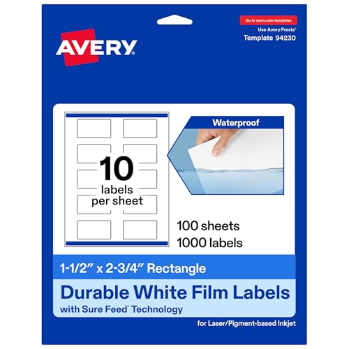 Avery® Printable Durable White Rectangle Labels, Sure Feed® Technology, 1.5" x…