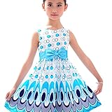 Weixinbuy Kids Girls Chiffon Sleeveless Bow Belt Peacock Party Dress Blue 6-7Y