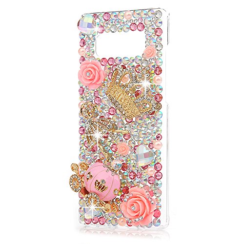 Note 8 Case, Mavis's Diary Clear Slim Fit Luxury 3D Handmade Bling Crystal Rhinestone Diamonds Sparkle Pink Pumpkin Cart Floral Crown Full Body Protective Hard PC Cover for Samsung Galaxy Note 8