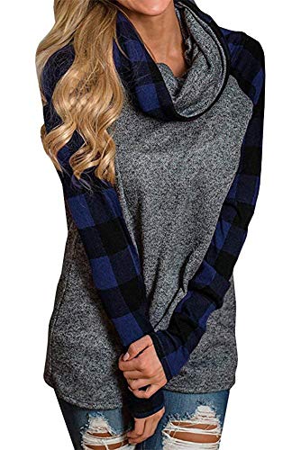 Women\'s Cowl Neck Plaid Sweatshirts Long Sleeve Casual Raglan Shirt Pullover