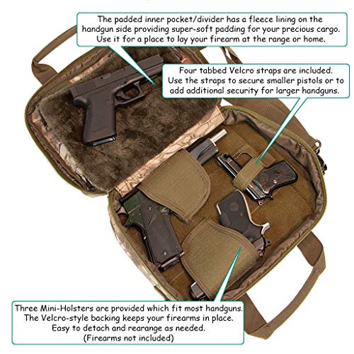 Pistol Case Range Bag for Handguns by FirstChoice Gear; 2-4 Gun Padded Tactical Handgun Soft Case, Lockable Zippers w/Padlock, 3 Mini-Holsters, 8 Mag Slots, 4 Pockets, Range Mat (Green Kryptek Camo)