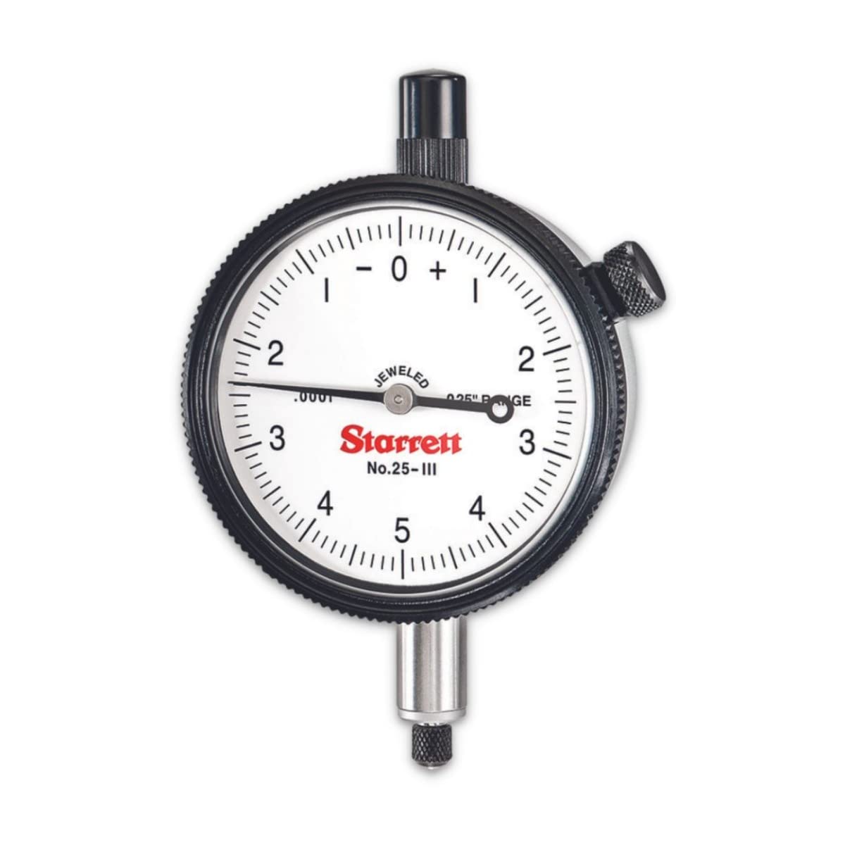 Starrett 25-111J Dial Indicator, 0.375" Stem Diameter, Lug-On-Centre Back, White Dial, 0-5-0 Reading, 2.25" Dial Diameter, 0-0.025" Range, 0.0001" Graduation