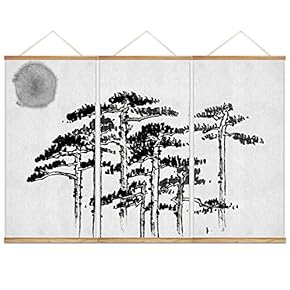 3 Panel Hanging Poster NO Magnetic Wooden Framed, Ink and Zen Home Wall Canvas Prints Decoration Ready to Hang - 18"x36"x3 Panels