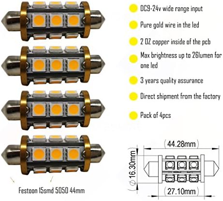 Wiseshine de3175 error free led 211 214 239 264 269 272 festoon 3175 c5w 561 578 6411 6418 de3021 de3175 de3022 led bulb DC9-24v 3 years quality assurance (pack of 4) Warm white
