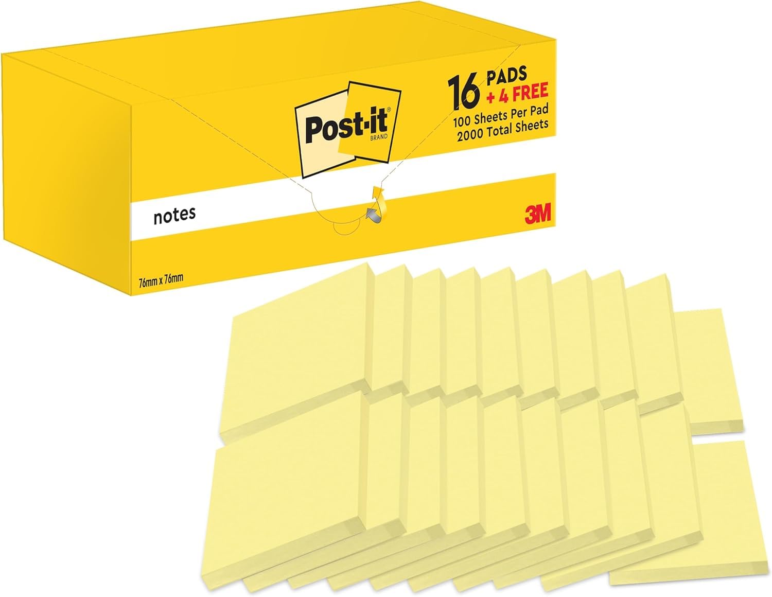 Post-it Notes Canary Yellow, Value Pack - 20 Pads, 100 Sheets per Pad, 76 mm x 76 mm, Canary Yellow - Self-Stick Notes for Note Taking, to Do Lists & Reminders, School and Office Supplies