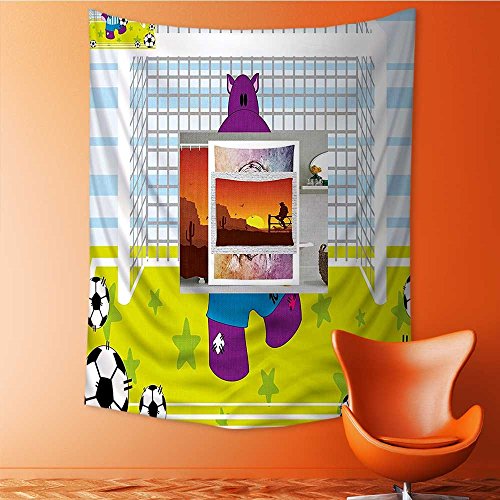 AmaPark Home Decor Tapestry by Sports Hippopotamus Soccer Goal Keeper Football Print Apple Green Baby Blue Wall Hanging for Bedroom Living Room Dorm 70W x 93L Inch