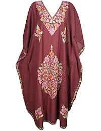 Womens Caftan Floral Hand Embroidery Maroon Bohemian Resort Fashion Kaftan Evening Dress