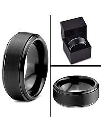 Charming Jewelers Anillo de boda de tungsteno de 8mm para hombre y mujer, ajuste cómodo, negro y gris, borde biselado cepillado pulido