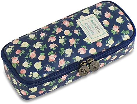 Rose Floral Pencil Case Big Capacity Pen Bag Makeup Organizer Cosmetic Pouch Box (Navy)