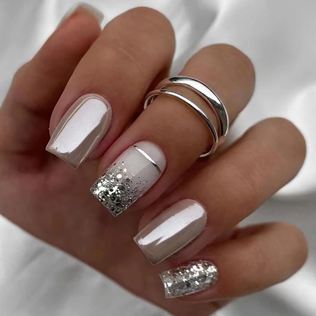 Brishow Coffin False Nails - Silver Glitter Press-on French Gradient Ballerina Acrylic Fake Nails - 24pcs for Women and Girls