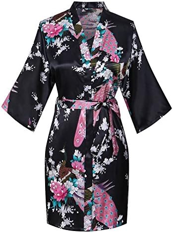 Kasiria Women's Kimono Robes Peacock and Blossoms Short Style Silk Nightwear Black