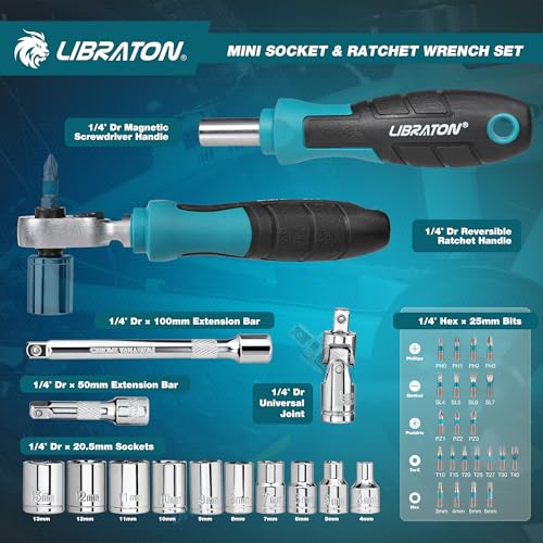 LIBRATON 37 Piece Mini Ratchet and Socket Set with 10.2mm Drive, 4-13mm Bits, Magnetic Handle, Extension Bars and Universal Joint, with Storage Case for