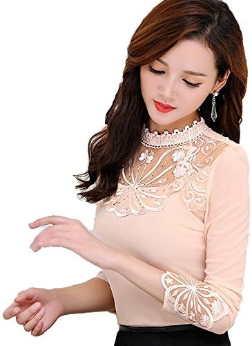 SansoiSan Women's Elegant Long Sleeve Lace Patchwork Beading Chiffon Top Blouse