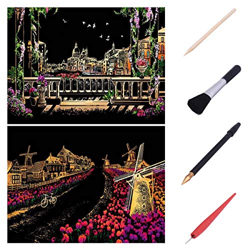 XiaoXT Scratch Art Paper Rainbow Painting Sketch Pad DIY Night View Scratchboard for Adults and Kids - 2 Packs, 16 X 11.2 Inches (Windmill in Holland+Venice)