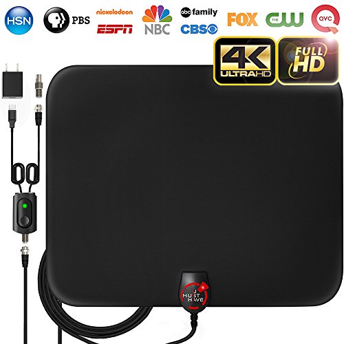 [NEWEST 2018] Amplified HD Digital TV Antenna with Long 65-80 Miles Range – Support 4K 1080p & All Older TV's for Indoor with Powerful HDTV Amplifier Signal Booster - 18ft Coax Cable / Power Adapter