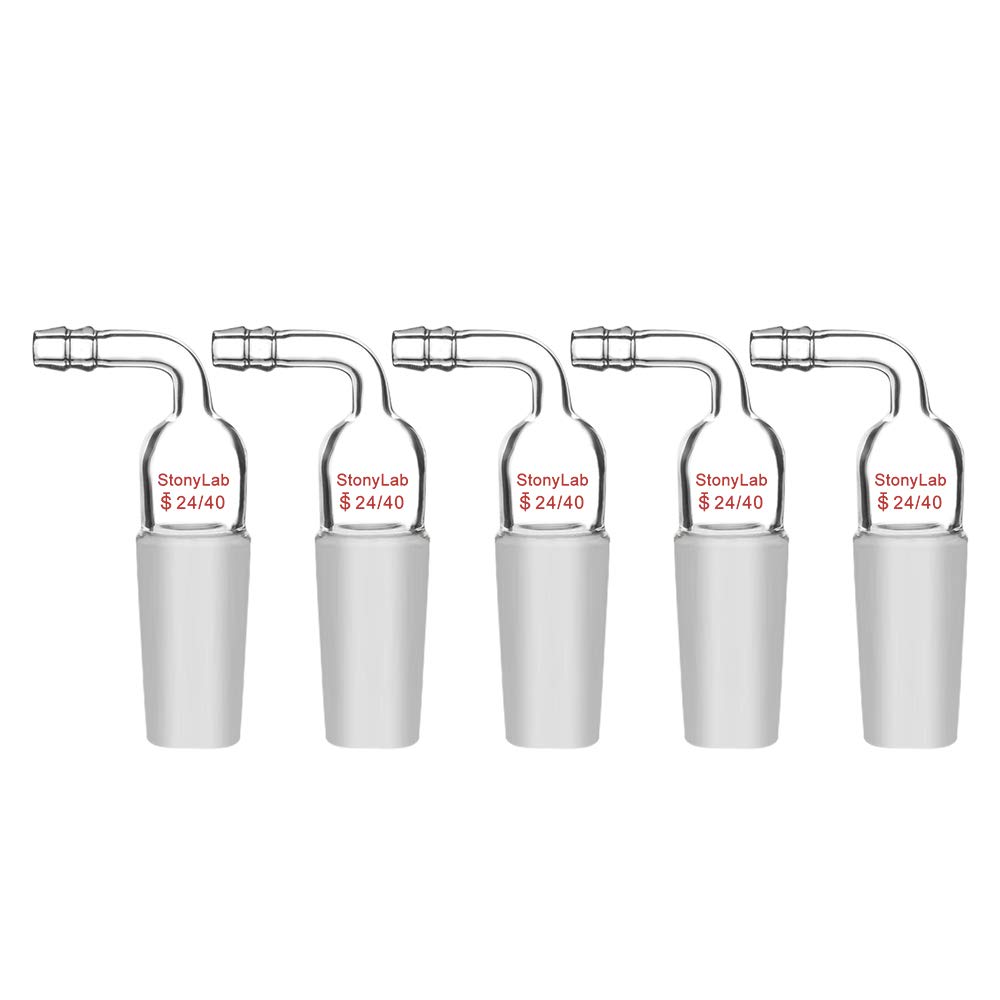 StonyLab Glass Bent Inlet Adapter With 24/40 Male Glass Joint and 10 mm Hose Connection Lab Glassware, 5 Packs