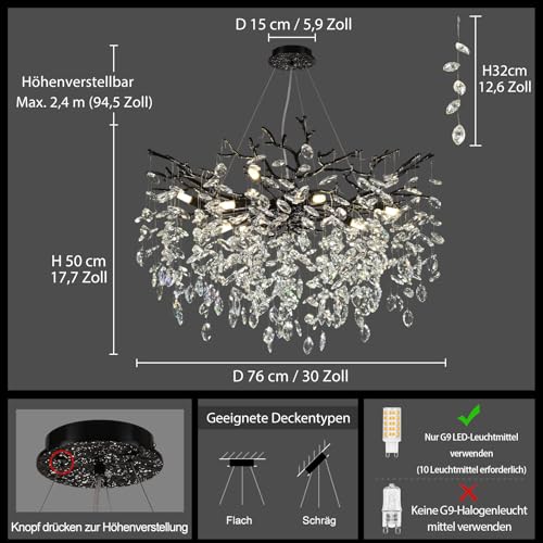 PIOUTNF Modern Crystal Chandelier, Dining Table Chandeliers, Tree Branch Chandelier Adjustable Height for Dining Room, Living Room, High Ceiling, Kitchen Island, Foyer, Black