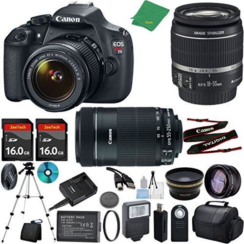 Canon T5 Camera with 18-55mm IS + 55-250mm STM Lens + 2pcs 16GB Memory + Case + Memory Card Reader + Tripod + ZeeTech Starter Set + Wide Angle + Telephoto + Flash + Filter Canon T5 Camera with 18-55mm IS + 55-250mm STM Lens + 2pcs 16GB Memory + Case + Memory Card Reader + Tripod + ZeeTech Starter Set + Wide Angle + Telephoto + Flash + Filter
