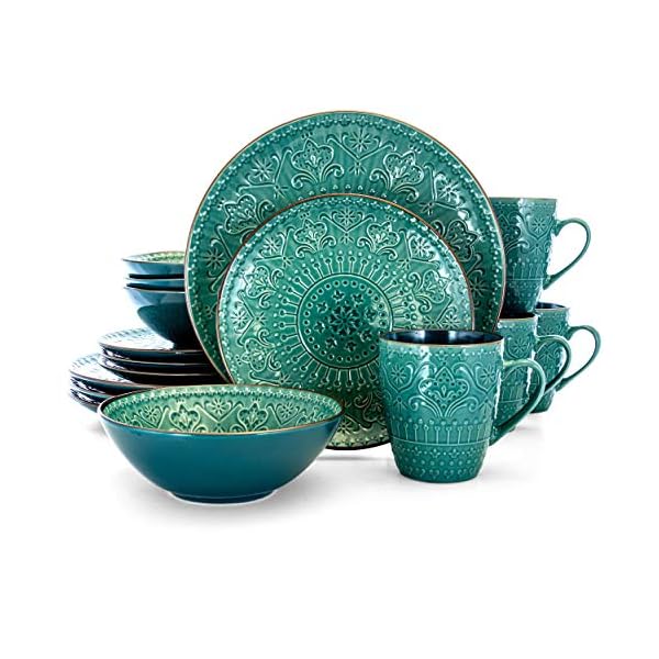 Elama Round Stoneware Embossed Dinnerware Dish Set, 16 Piece, Ocean Teal and Green The Home