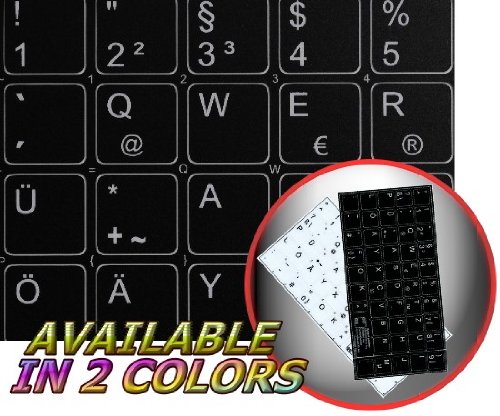 GERMAN KEYBOARD STICKERS BLACK BACKGROUND (14x14) FOR DESKTOP, LAPTOP AND NOTEBOOK