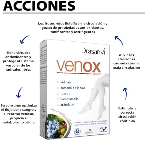 VENOX Ayuda a mejorar la Circulación, Hammamelis, Castaño de InDias y Ruscus, Alta Concentración de Polifenoles, Vid Roja, Arándanos y Grosellero Negro, Reforzado con Vitaminas ,45 cáps