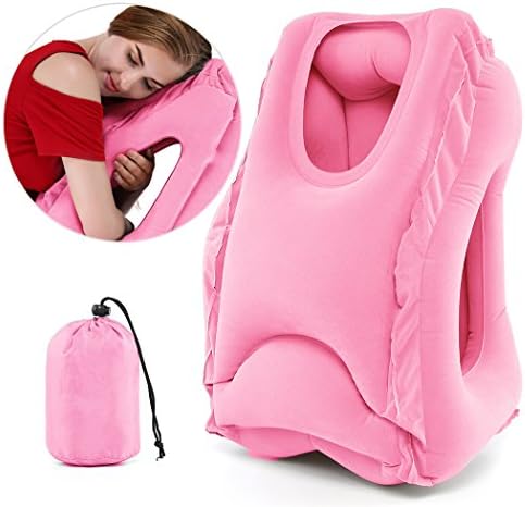 ARAER Inflatable Travel Pillow Ergonomic Portable Head Neck Rest Pillow Patented Design for Airplanes Cars Buses Trains Office Napping Outdoor Camping (Pink)