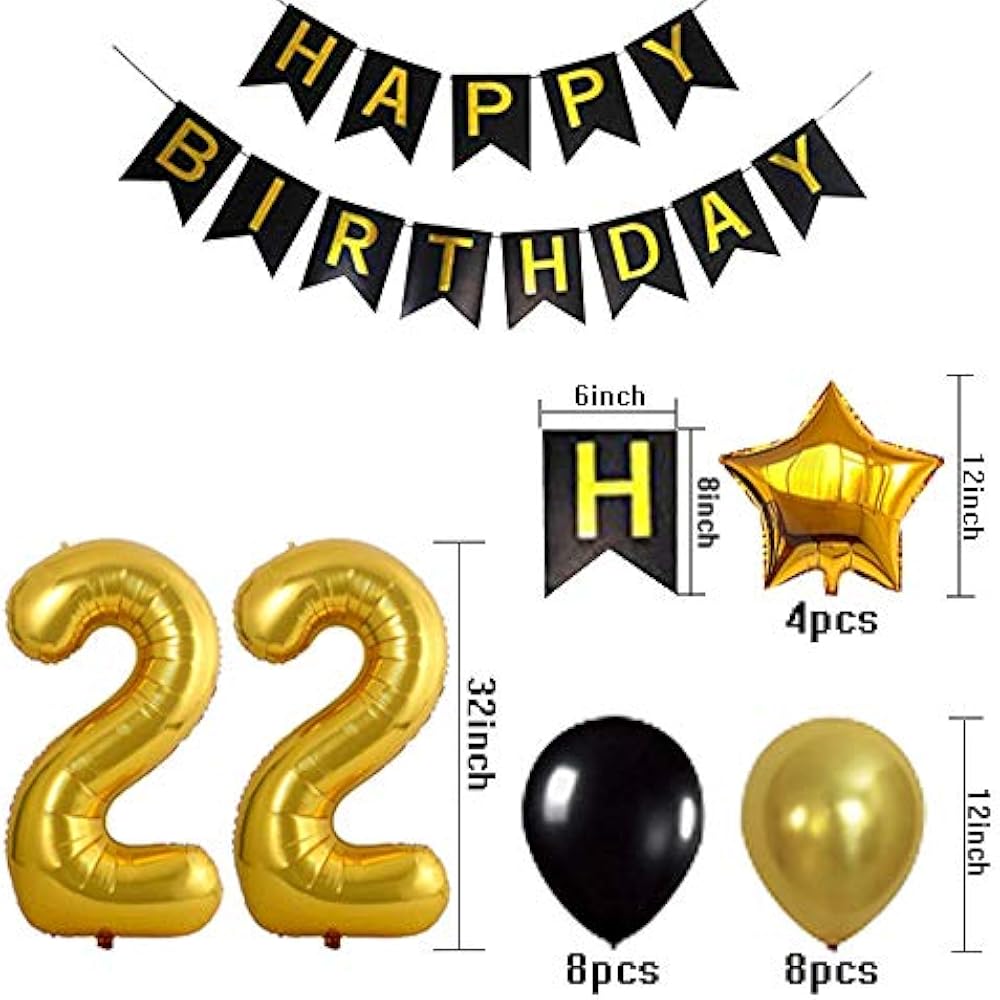 Gold 22nd Birthday Decorations Balloon Banner Happy
