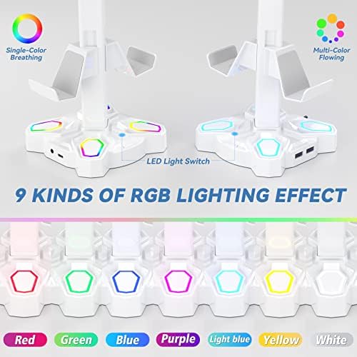 Gaming Headset Halterung LED mit USB Typ-C Ladegeräten, Universal Kopfhörer Halter & Controller Halter mit 9 Lichtmodi, Drehbare Headset Ständer mit 3,5mm AUX für Alle Kopfhörer PS4 Xbox (Weiß)