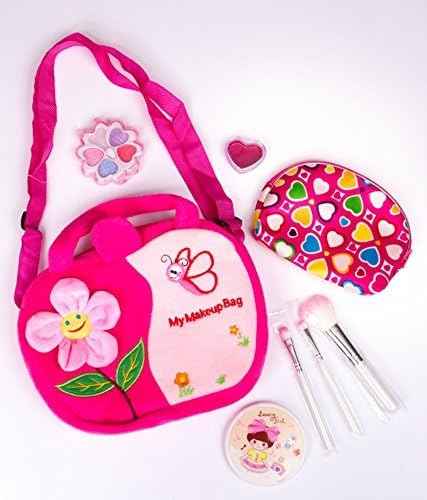 Play Makeup Set for Little Girls - Pretty Pink Plush Handbag with Shoulder Strap - Includes Cosmetics Bag - 3 Quality Makeup Brushes - Mirror and Comb Set - Kid Safe Makeup Palette - Pink Flowered Headband - Guaranteed to Bring a Smile to Your Little One's Face