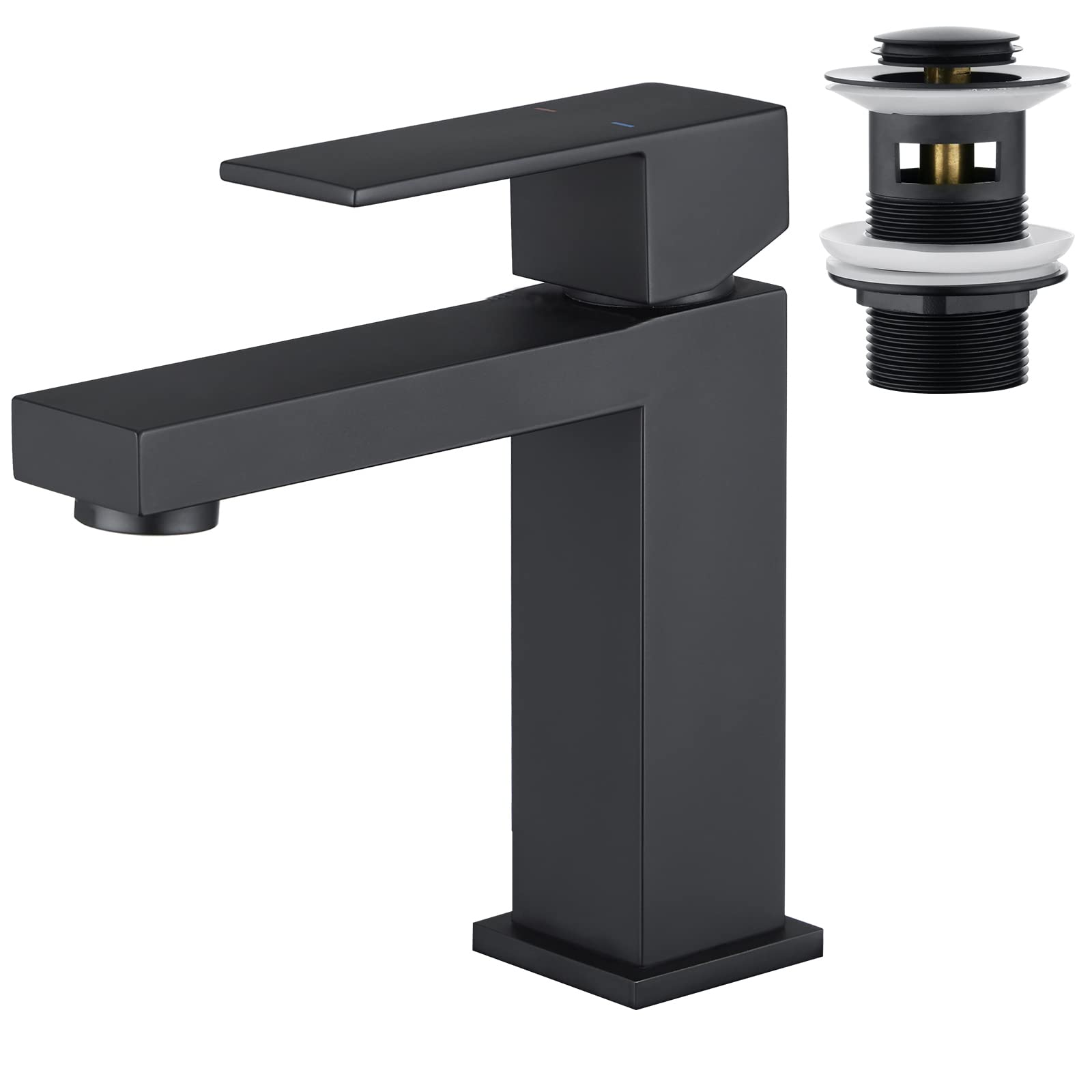 Faustina Bathroom Basin Mixer Tap Square with Pop-Up Drain Fitting, One Hole Monobloc Single Lever Bathroom Tap in Stainless Steel Matte Black, UK Standard