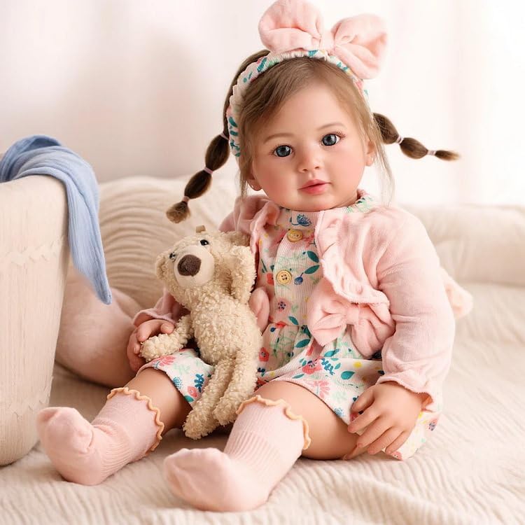 Brastoy Bebê Reborn Boneca Silicone Menina Olhos Azuis Realista Pintado Original 55cm Tranças de cabelo (Menina Urso)