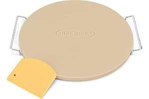 Unicook 15 Inch Round Pizza Stone for Oven and Grill, Oven Baking Stone for Bread, Cordierite Pizza Pan for Baking Crispy Bread, Pie and Cookies, Includes Carry Rack and Dough Scraper