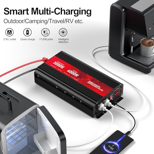 3000W Power Inverter 12V DC to 110V/120V AC, 6000W Peak Car Inverter with 2 AC Outlets, 2.4A USB Port & LCD Display, Portable Backup Power Converter for RV, Truck, Solar, Camping, Off-Grid & Emergency