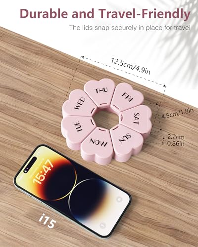 FHORAIN Weekly Pill Organiser, Cute, 7 Day, Large Compartments, Portable Tablet Box, Round, Vitamin and Supplement Case (Pink)