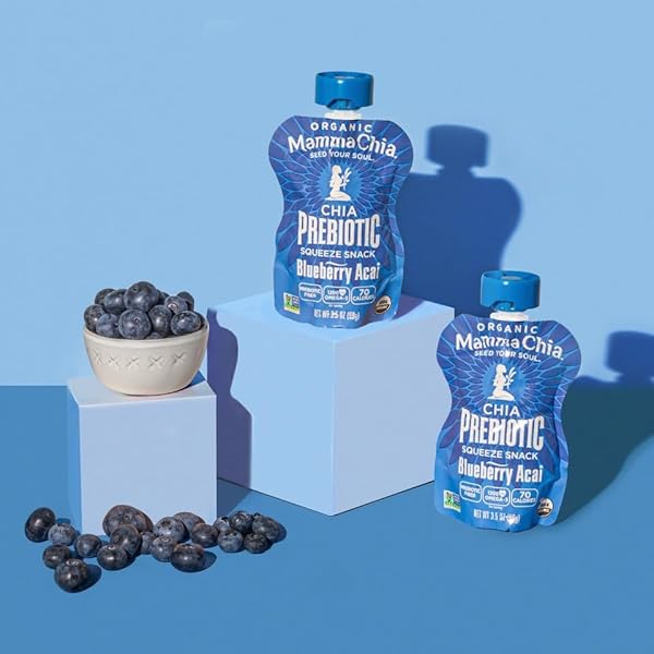 MAMMA CHIA ORGANIC PREBIOTIC SQUEEZE SNACK, BLUEBERRY ACAI, FIBER-RICH PREBIOTIC GUT SUPPORT,USDA ORGANIC, NON-GMO, VEGAN, GLUTEN FREE, 3.5 OUNCE (PACK OF 8)