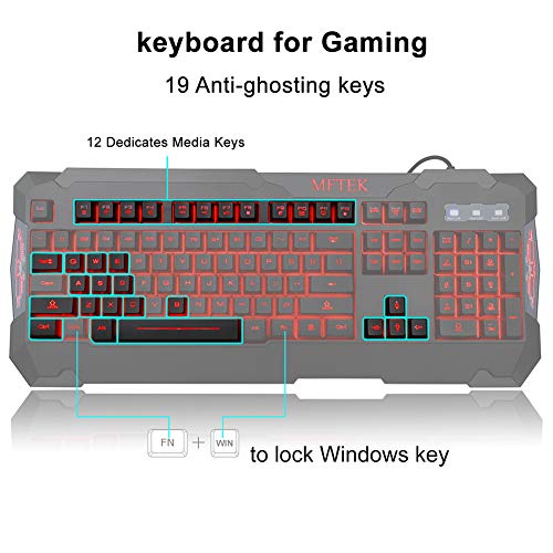 MFTEK Gaming Keyboard and Gaming Mouse Combo, USB Wired 104 Keys Keyboard, 3 Colors Red Blue Purple Backlit Gaming Keyboard, 6 Button Mouse + Mouse Pad for Computer PC Gamer Office - Thumbnail 2
