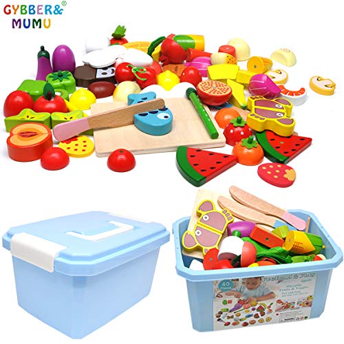 GYBBER&MUMU Play Food Cutting Fruits Vegetables Pretend Food Playset Kitchen Toys Fun [Solid Wood] Educational Early Age Basic Skills Development 40pcs Set