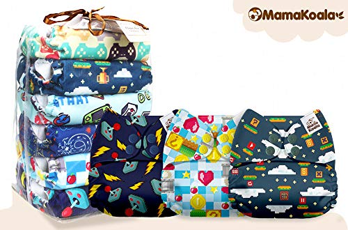 Mama Koala One Size Baby Washable Reusable Pocket Cloth Diapers, 6 Pack with 6 One Size Microfiber Inserts (Play Game)