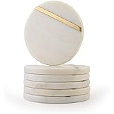 Perilla Home Handcrafted Marble Coaster Set of 6 – Round Coasters for Kitchen, Wine Glasses, Mugs & Beer – Absorbent, Durable, and Stylish Drink Coaster Plates (White)